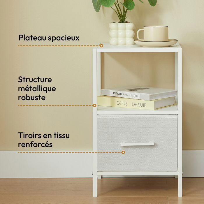 CASABEL Lot de 2 tables de chevet blanches avec tiroir en tissu renforcé, métal et bois, 30×30×50cm, table d’appoint