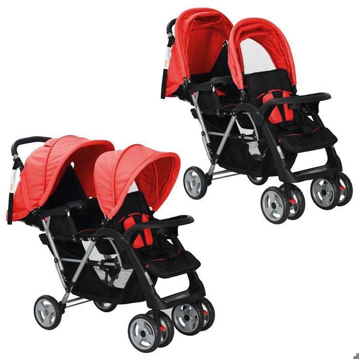 VIDAXL Double Stroller in Red and Black Steel - For Children 6 to 36 Months - Folding Canopies and Large Basket