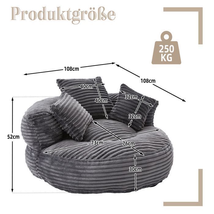 Bequemer Sitzsack mit drei Kissen, 108 x 108 x 52 cm. Gemütliches Sofa für Wohn- oder Schlafzimmer. Sessel. Cord. Dunkelgrau.