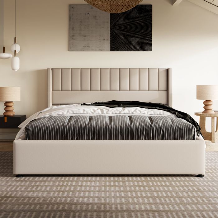 Cama doble de 160 x 200 cm. Cama con espacio de almacenamiento. Cama tapizada hidráulica con somier de láminas - SWEIKO - Lino beige.