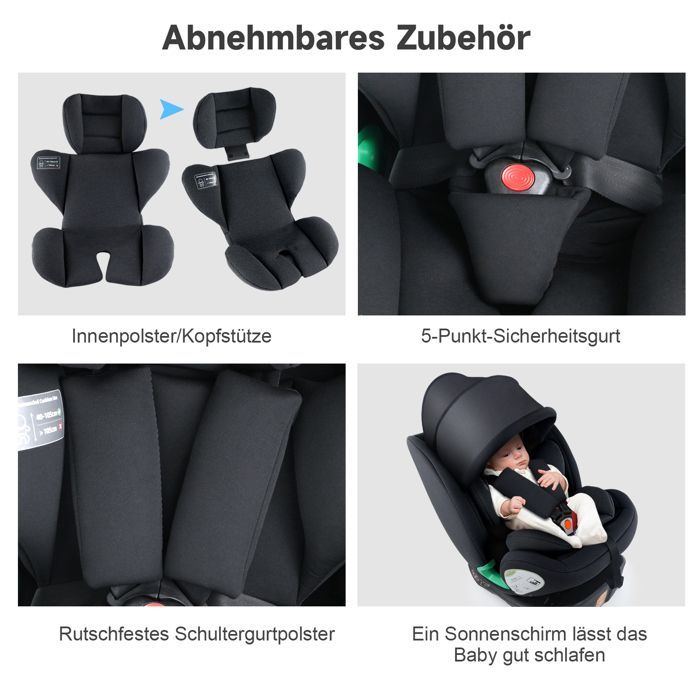Silla de coche i-Size giratoria 360° - ISOFIX - 40-150 cm de 0 a 12 años (0-36 kg) - Capota y portavasos - Reposacabezas ajustable - Negra