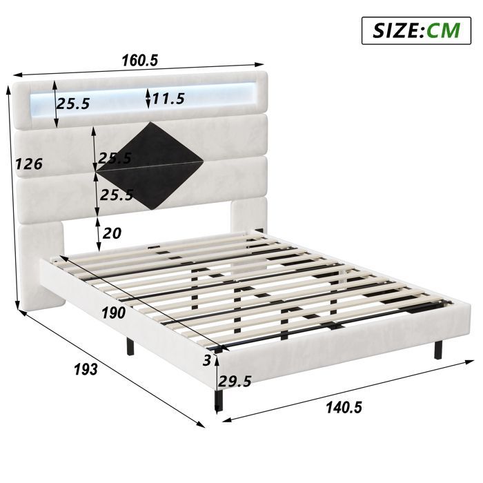Lit Double 140x190 - Flottant Intelligent - LED RGB - Prise USB - Tête de lit Velours