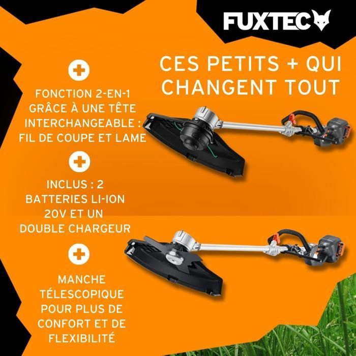 Desbrozadora inalámbrica FUXTEC FX-E2MS con 2 baterías de 20 V y 2 Ah, cargador doble de 2,4 A incluido, hilo y cuchilla, ancho de corte de 25,5 a 35 cm.