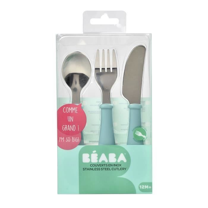 BEABA, Set di 3 posate in acciaio inox, verde chiaro