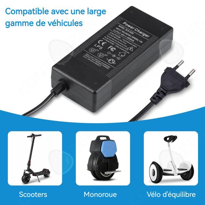 Caricabatterie per monopattino elettrico, 42 V 2 A, multipresa, per batterie agli ioni di litio, con ricarica rapida e protezioni multiple, nero.