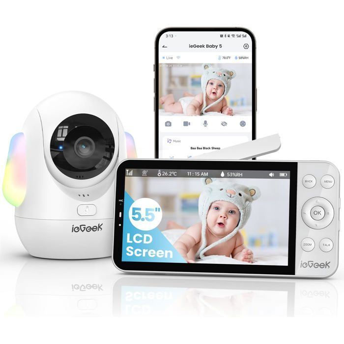 Cámara de vigilancia para bebés ieGeek 2.5K con luces nocturnas de colores, cámara para bebés de 5.5