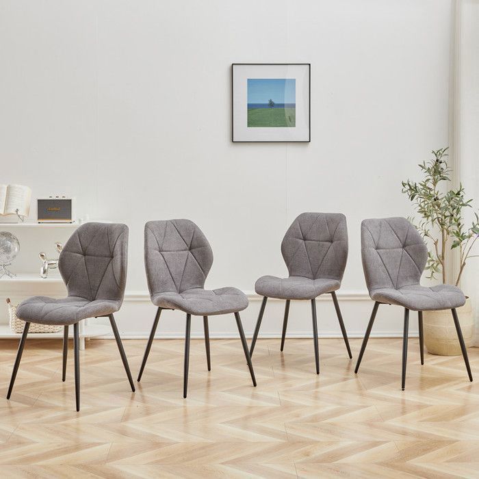 Juego de 4 sillas: silla de comedor vintage con forma de diamante, tapizada en lino, con patas de metal (gris oscuro).
