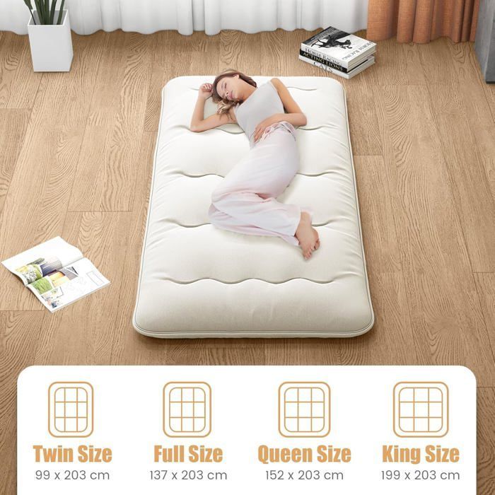 Colchón futón japonés GOPLUS, 1 persona, 90x200 cm - Cama enrollable para el suelo, portátil con bolsa de transporte, color beige.