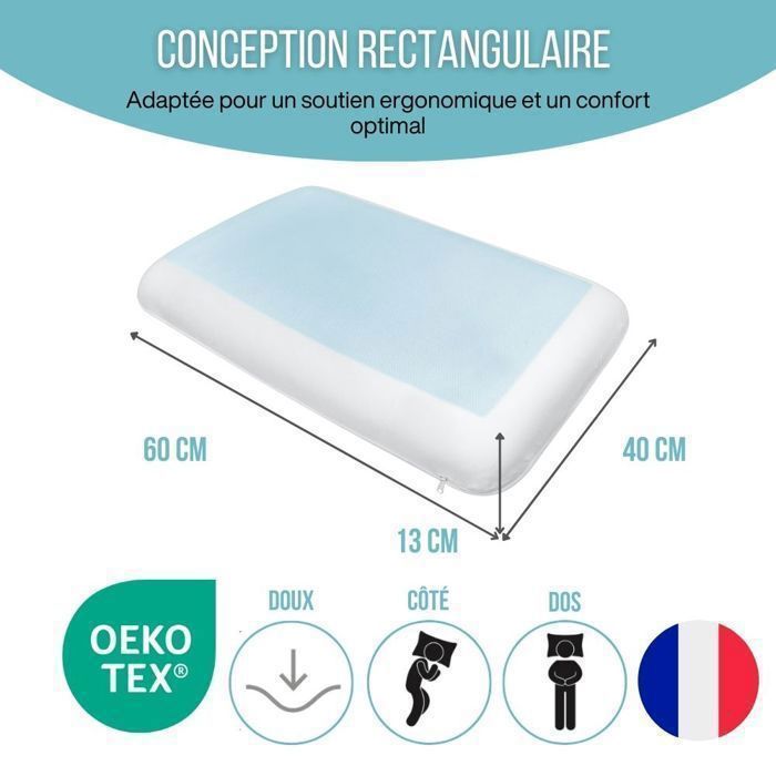 Ergonomisch kussen - INPHYSIO - Gel Comfort - 60x40x13 cm - Traagschuim - Koelende gel