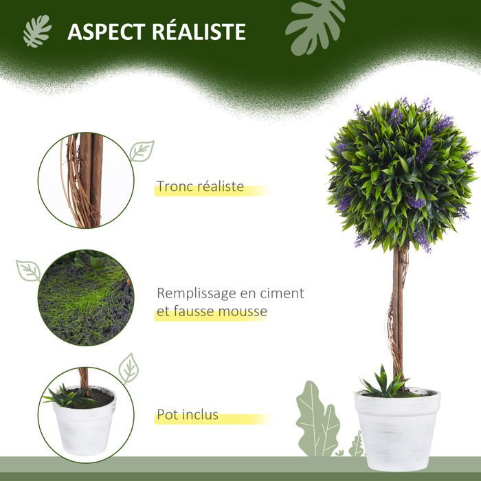 Conjunto de 2 plantas artificiales - HOMCOM - con flores de lavanda - tronco y maceta incluidos - altura 60 cm - verde