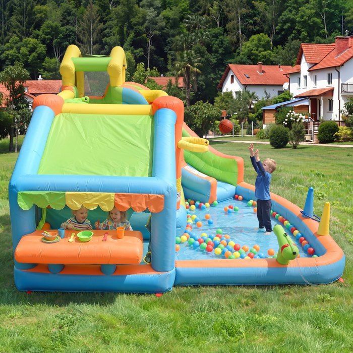 Aufblasbare Burg für Kinder, Wasserpark, aufblasbarer Spielbereich mit 580-W-Gebläse, Rutsche, Pool und Wasserpistole für Kinder von 3 bis 10 Jahren