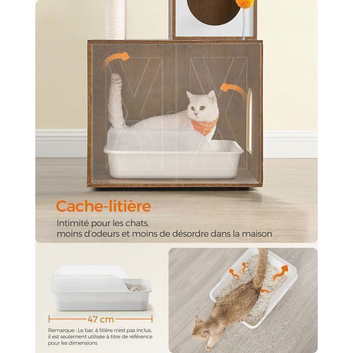 Cat Tree - FEANDREA - Modern with Litter Box, Play Tower and Scratching Post - 180 cm - Rustic Brown