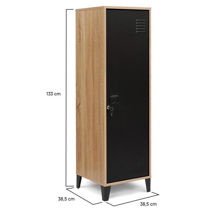 IDMARKET Armoire vestiaire ESTER 1 porte métal noir et contour bois design industriel