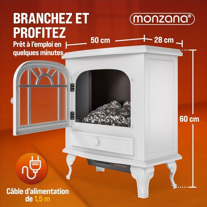 Chimenea eléctrica DEUBA® con efecto de llama, 2000 W, 2 niveles de calor, calefactor eléctrico con ventilador, luz LED, chimenea decorativa, blanca.