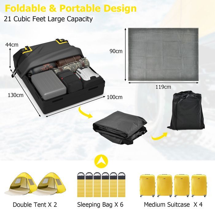 Cofre de techo para coche GYMAX de 600 litros, impermeable, plegable, con 10 correas reforzadas y 6 ganchos para la puerta.