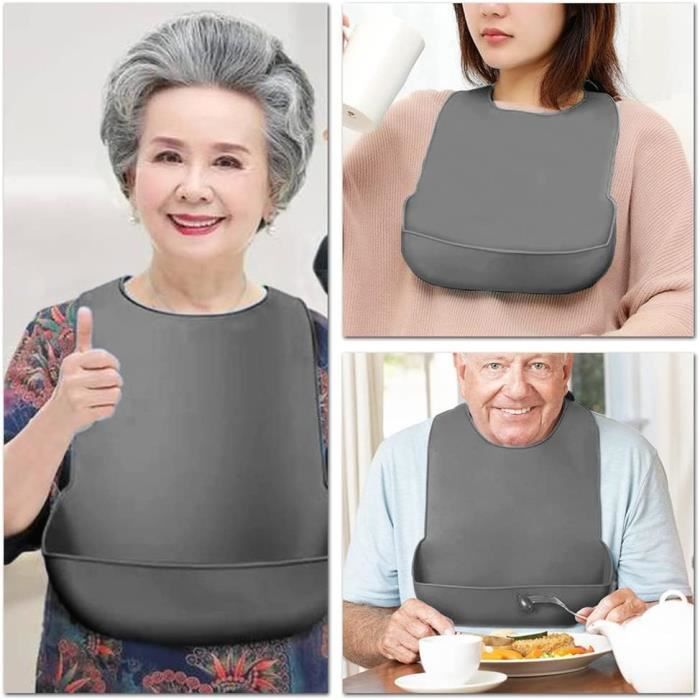 Bavoir Adulte,Tablier étanche,Bavoir de Repas réglable en silicone,avec poche et ramasse-miettes,pour Patient,Personnes âgées,Manger