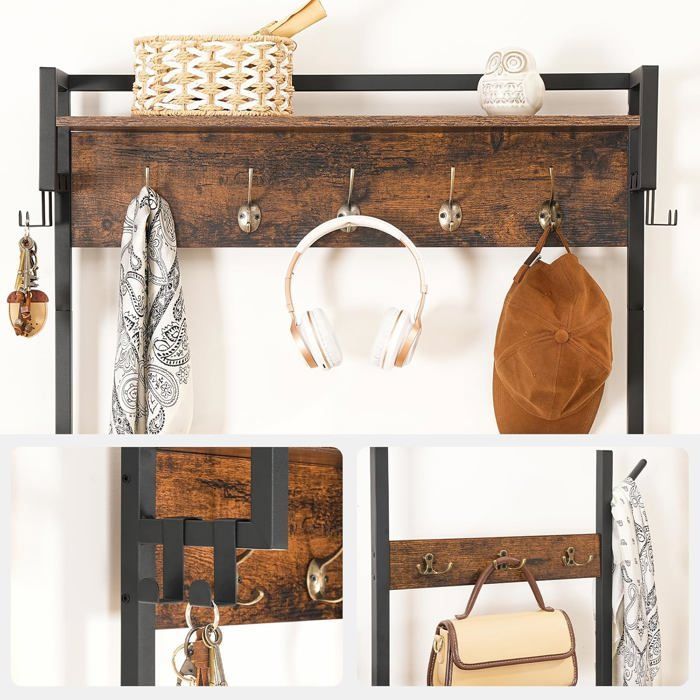 HOOBRO Coat Rack with Shoe Shelf, 3-in-1 Wardrobe, Reversible Side Shelf, Rustic Brown and Black