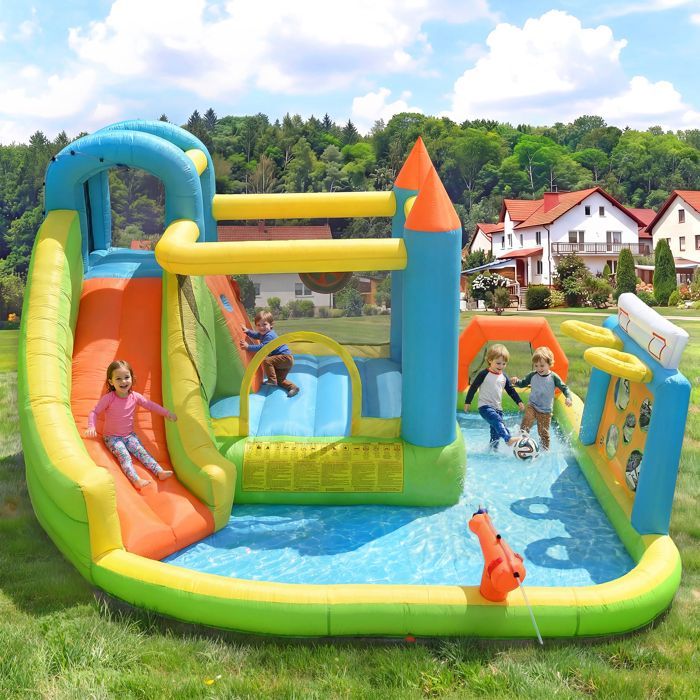 Luscriate - Château gonflable pour enfants 360x320x200 cm, avec souffleur, toboggan, piscine, panier basket, filet foot - Extérieur