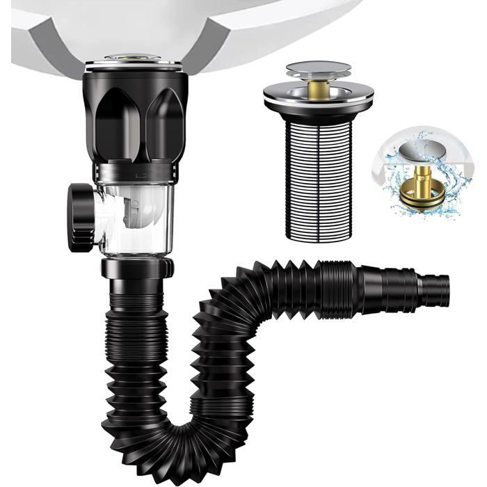 Tapón de desagüe para lavabo de baño, kit de desagüe para lavabo de baño, sifón para lavabo con manguera de desagüe flexible de PVC retráctil y tapón.