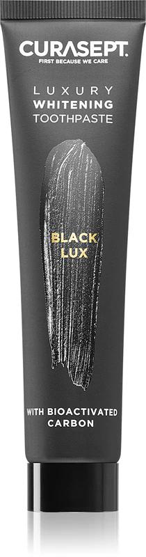 Pasta de dentes clareadora preta Curasept Black Lux com efeito clareador.