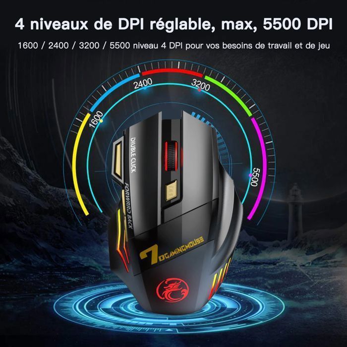 Mouse gamer sem fio recarregável BRILLSTEN com 7 botões RGB e 3 configurações de DPI (1200/2400/3200), compatível com PC/Mac.