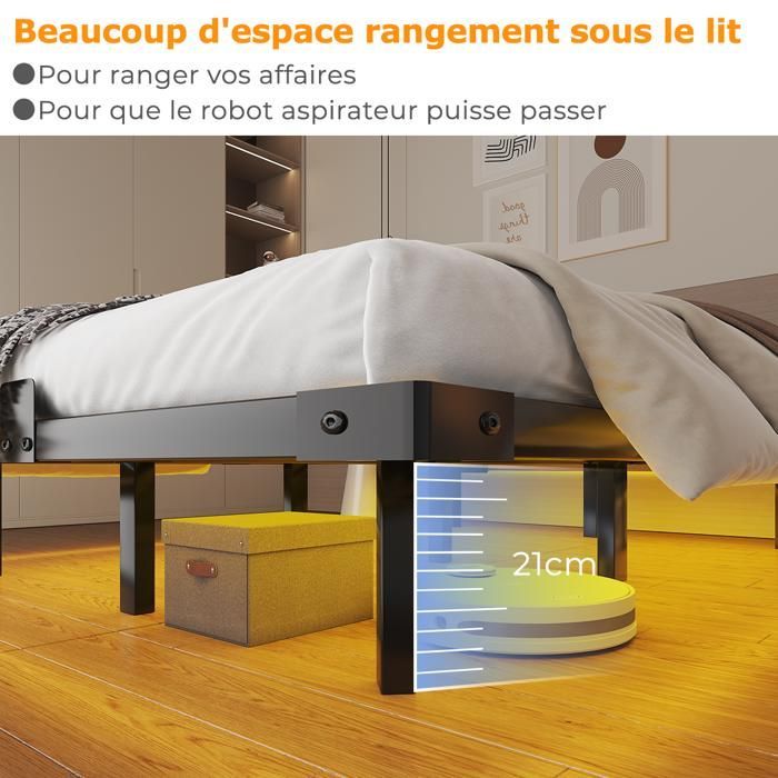 140 x 190 cm Bed Frame with Metal Slatted Base - NHHF - with LED and USB - 21 cm Under-Bed Storage for Bedroom - Double Bed