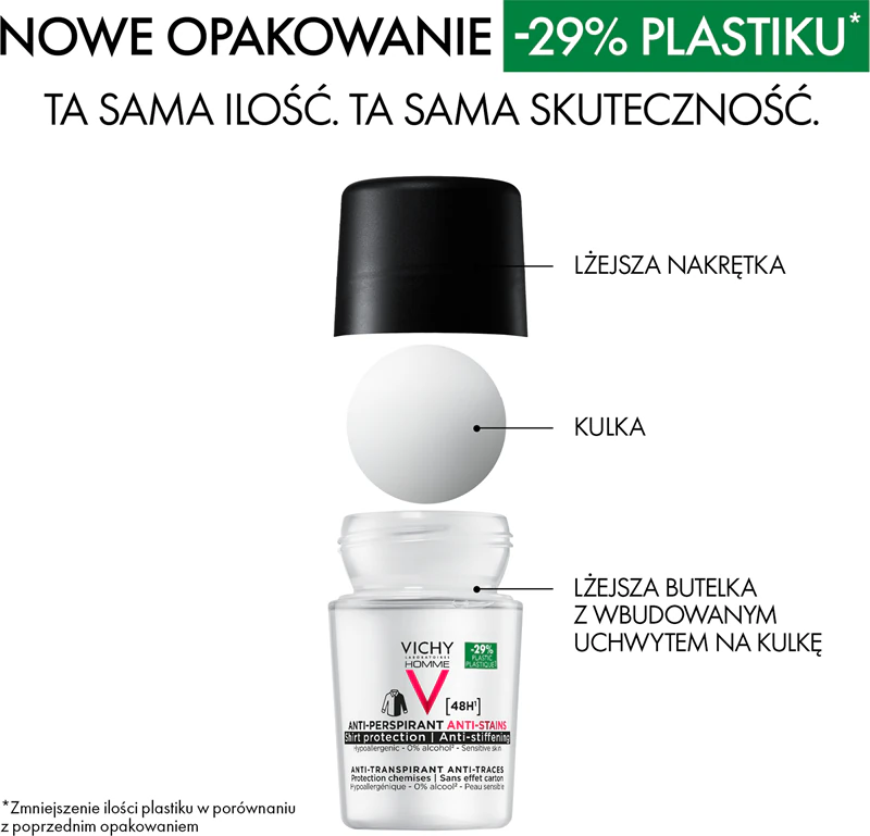Desodorante antitranspirante Vichy Homme contra manchas brancas e amarelas por 48 horas.