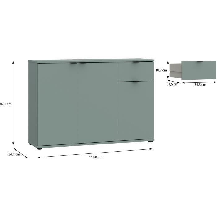 Aparador - GANYMEDE - 3 puertas - 1 cajón - Salvia - 119,8 x 34,1 x 82,3 cm