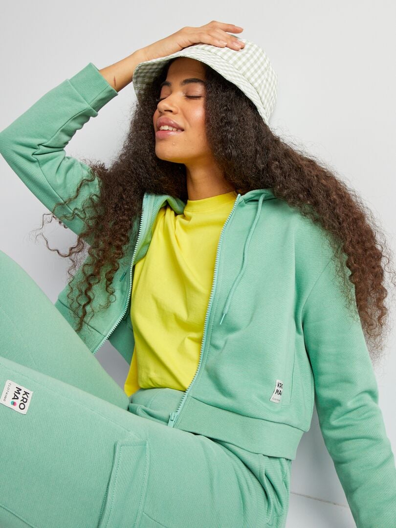 Effenkleurige hoodie met rits - GROEN