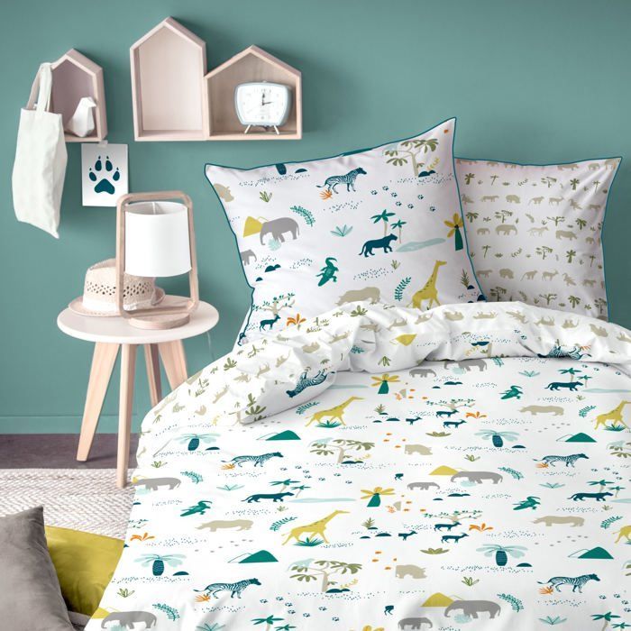 Parure de lit enfant 100% coton - MATT & ROSE - SAFARI - Blanc/kaki - 140x200+63x63cm