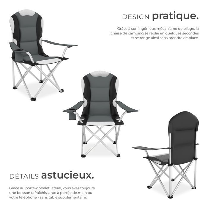 Sillas de camping - TECTAKE - Juego de 2 sillas plegables acolchadas con portavasos, 60 x 88 x 110 cm, funda de transporte - Gris