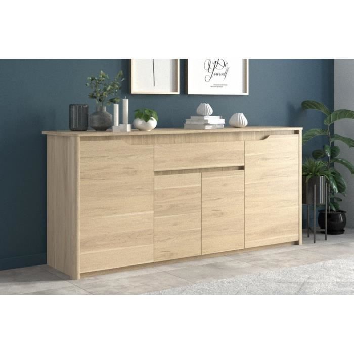 Buffet bas - Panneaux de particules - Décor chêne dakota - 4 portes + 1 tiroir - Betty - L 185 x P 46 x H 85,5 cm