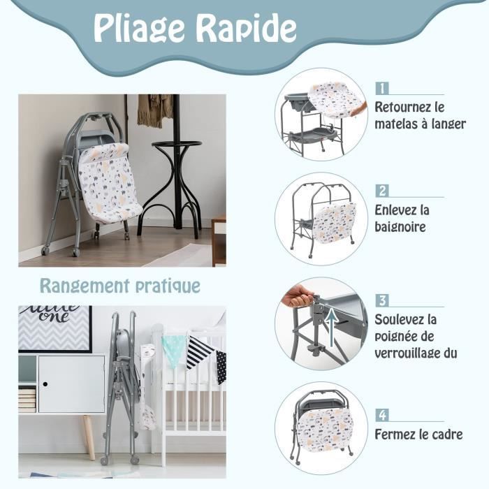 DREAMADE 4 en 1 Table à Langer Bébé avec Baignoire 20L Pliable, 4 Roulettes Verrouillables et Plateau de Rangement, 0-12Mois, Gris