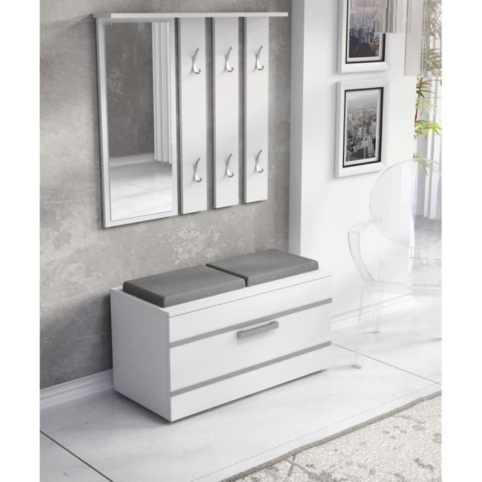 KATHI - Mueble de recibidor con espejo y banco - Dimensiones 41x85x180 cm - Banco para guardar zapatos - 6 ganchos - Perchero