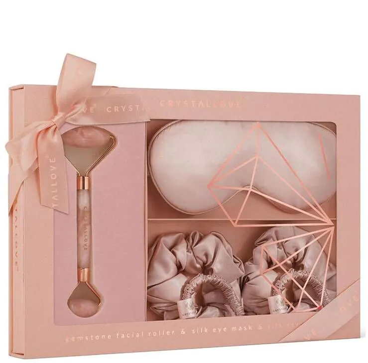 Crystallove Rose Quatrz Home Spa Set (Roller z Kwarcu Różowego + Opaska z Jedwabiu + 4 Gumki z Jedwa