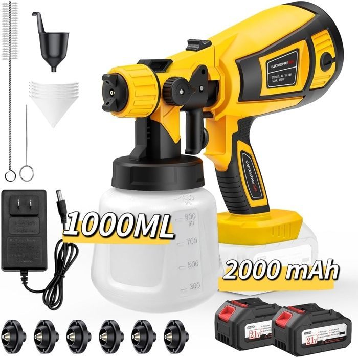 Pistola pulverizadora eléctrica inalámbrica de 650 W y 1000 ml - 6 boquillas y 3 modos de pulverización - 2 baterías