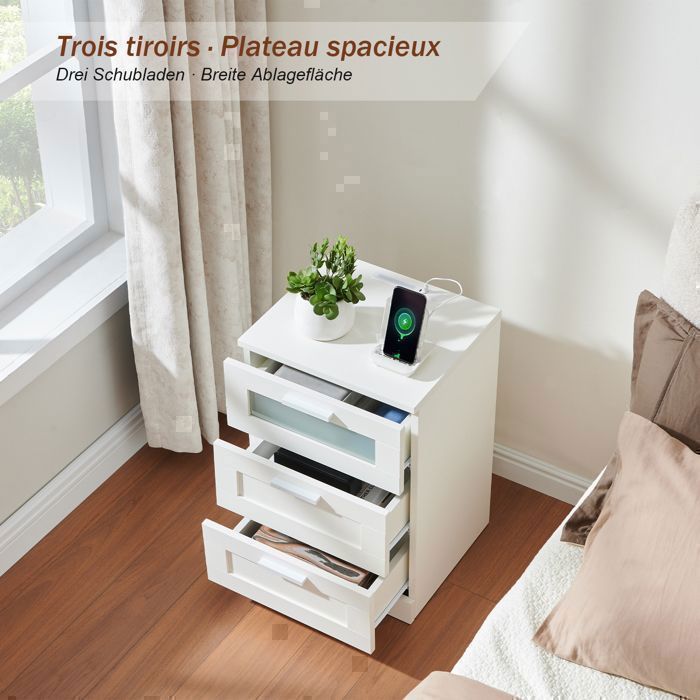 Bedside Tables with 3 Drawers, Nightstand with LED Lighting and USB and Type-C Ports, for Bedroom, Living Room (2, White)