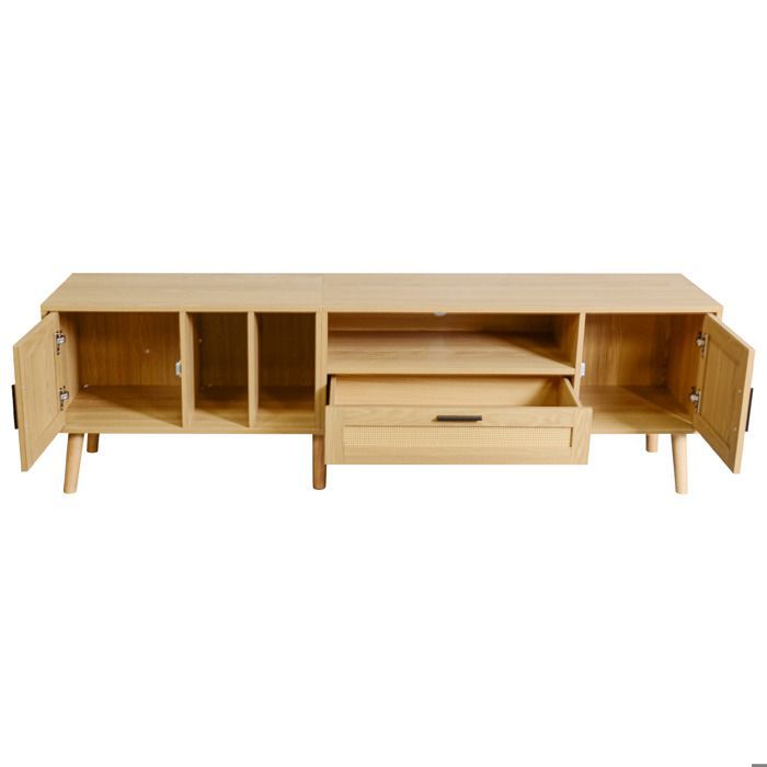 MODERNLUXE 180cm tv-meubel, rotan afwerking, 2 deuren en 1 lade, massief houten poten, naturel