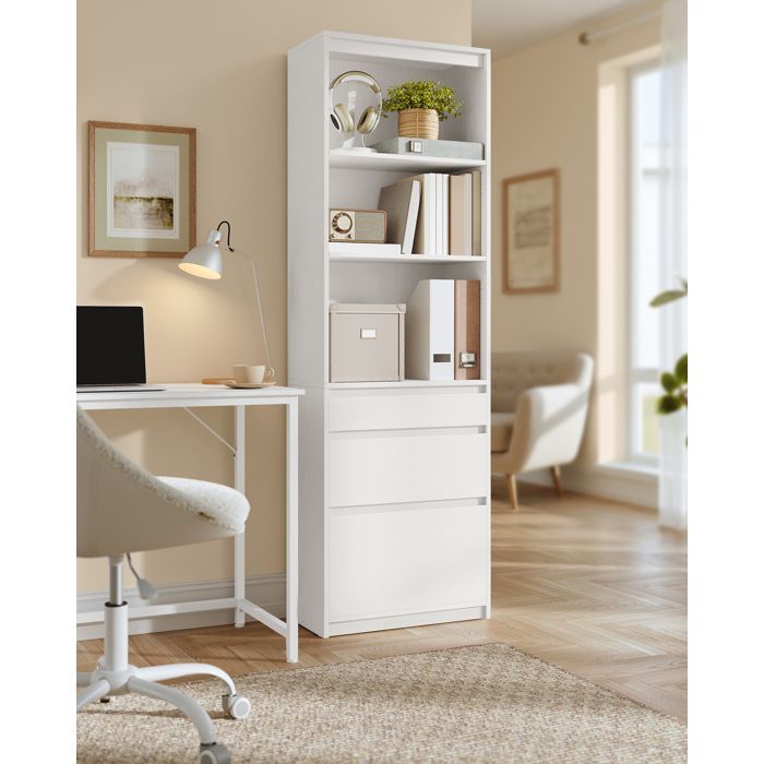 VASAGLE Kailyn Collection - Βιβλιοθήκη, Ψηλό Ντουλάπι, Μπουφές, 3 Συρτάρια, Ρυθμιζόμενα Ράφια, Ύψος 180 cm, Εξοικονόμηση Χώρου, Λευκό