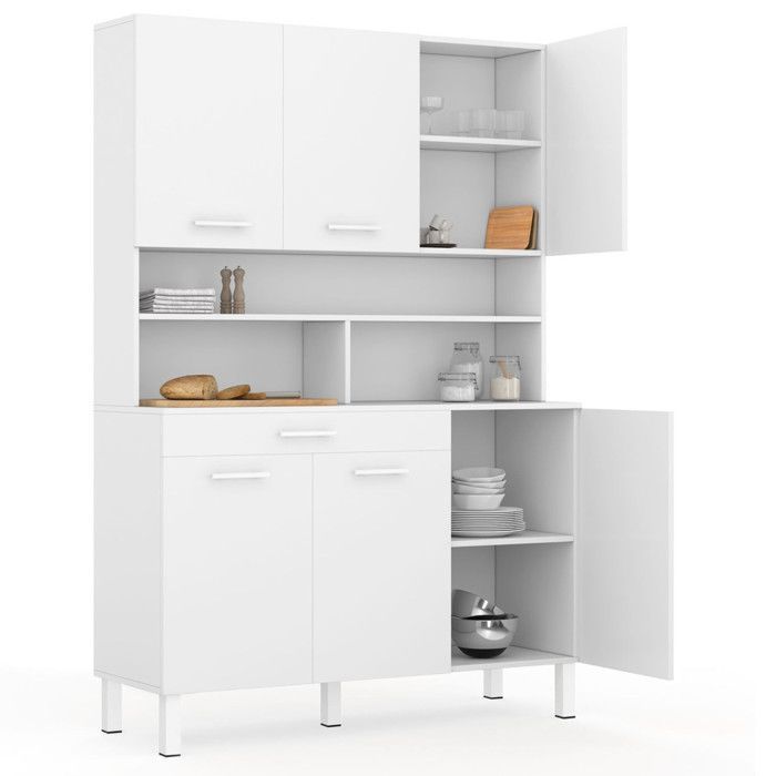 IDMARKET Buffet de cuisine 120 CM CINA 6 portes + tiroir blanc et blanc brillant