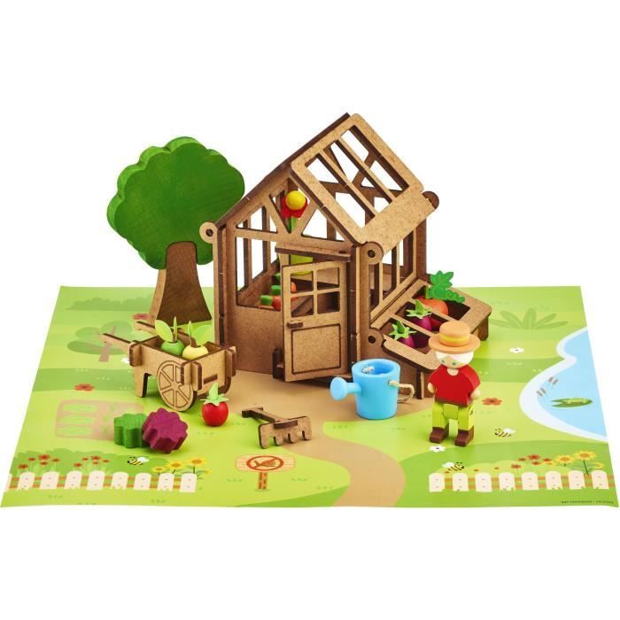 La Serre du Jardinier 40 Pièces - JEUJURA - Jeu de Construction en Bois Naturel, Tapis et Accessoires Inclus, 22x18,5x8,5 cm