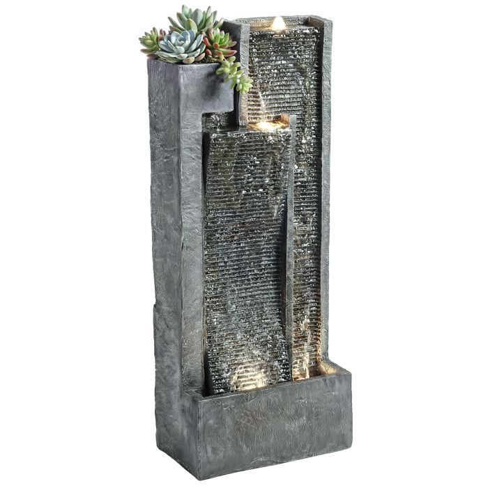 Fuente de jardín exterior Outsunny - Cascada de 3 niveles, macetero y moderna pared de agua - Iluminada con 24 LED - 101 cm - Gris