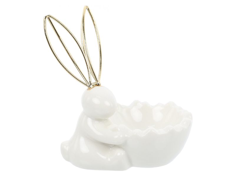 Figurka ceramiczna Zając z metalowymi uszami 10,5 cm biała