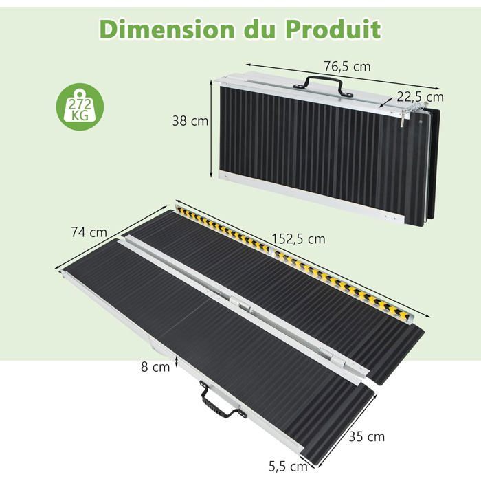 Rampa para silla de ruedas COSTWAY - Rampa de carga de aluminio con placa de transición - 272 kg - 152,5 x 74 x 8 cm