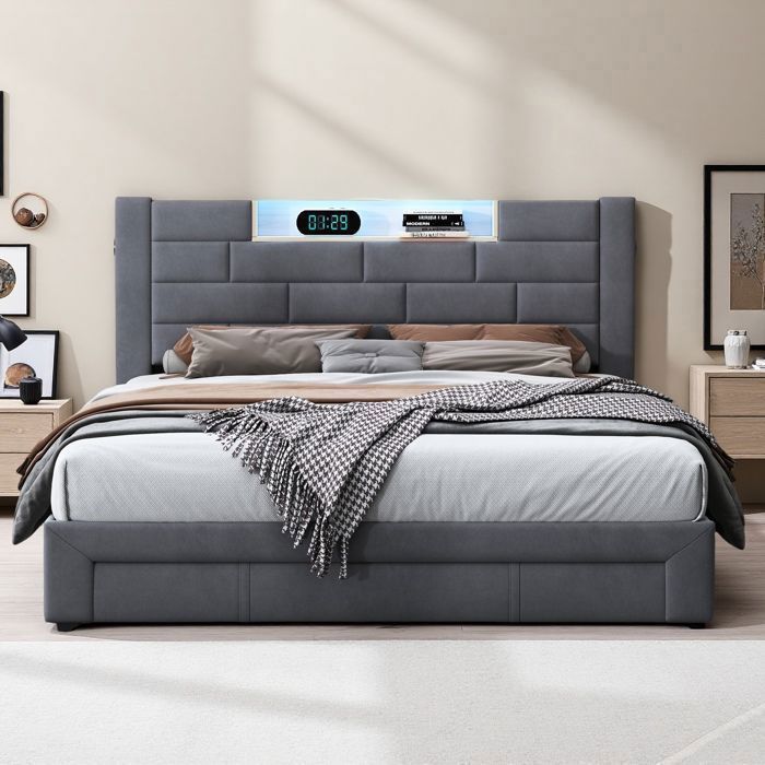 Cama de 140x190 cm - TANANT - Cama para adultos con iluminación LED - 3 cajones - Tapizado en terciopelo gris - Cama doble