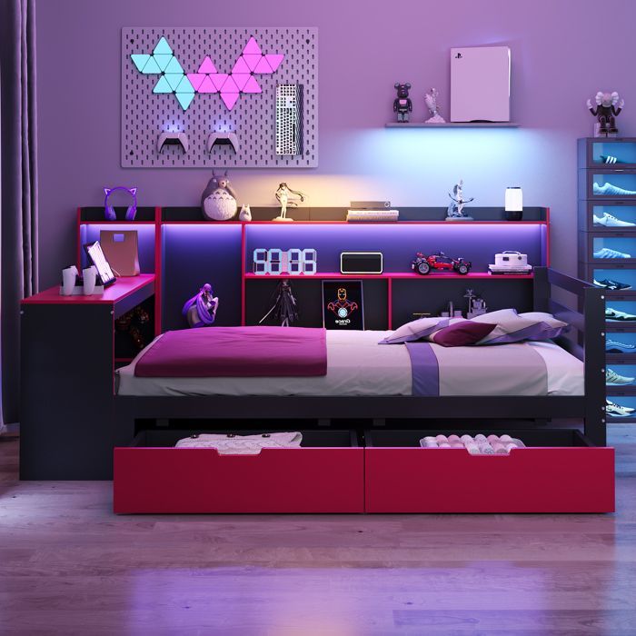 Letto singolo 90x200 cm con LED - 2 cassetti e vani portaoggetti - Presa elettrica - Nero+rosso