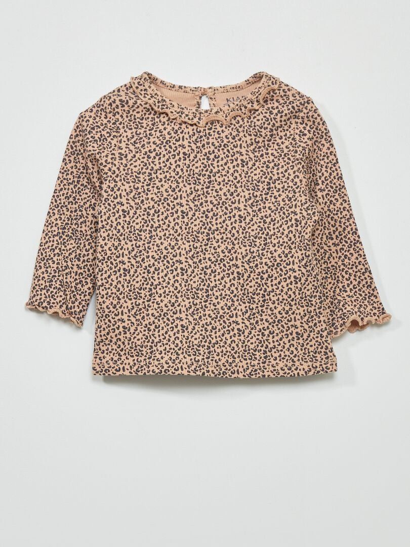 Geribbeld gebreid T-shirt met rucheskraag - BEIGE