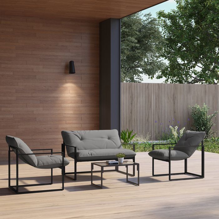Conjunto de muebles de jardín Outsunny - 4 piezas - con sofá de 2 plazas, 2 sillones y 1 mesa de centro con 3 cojines - poliéster negro acero - gris