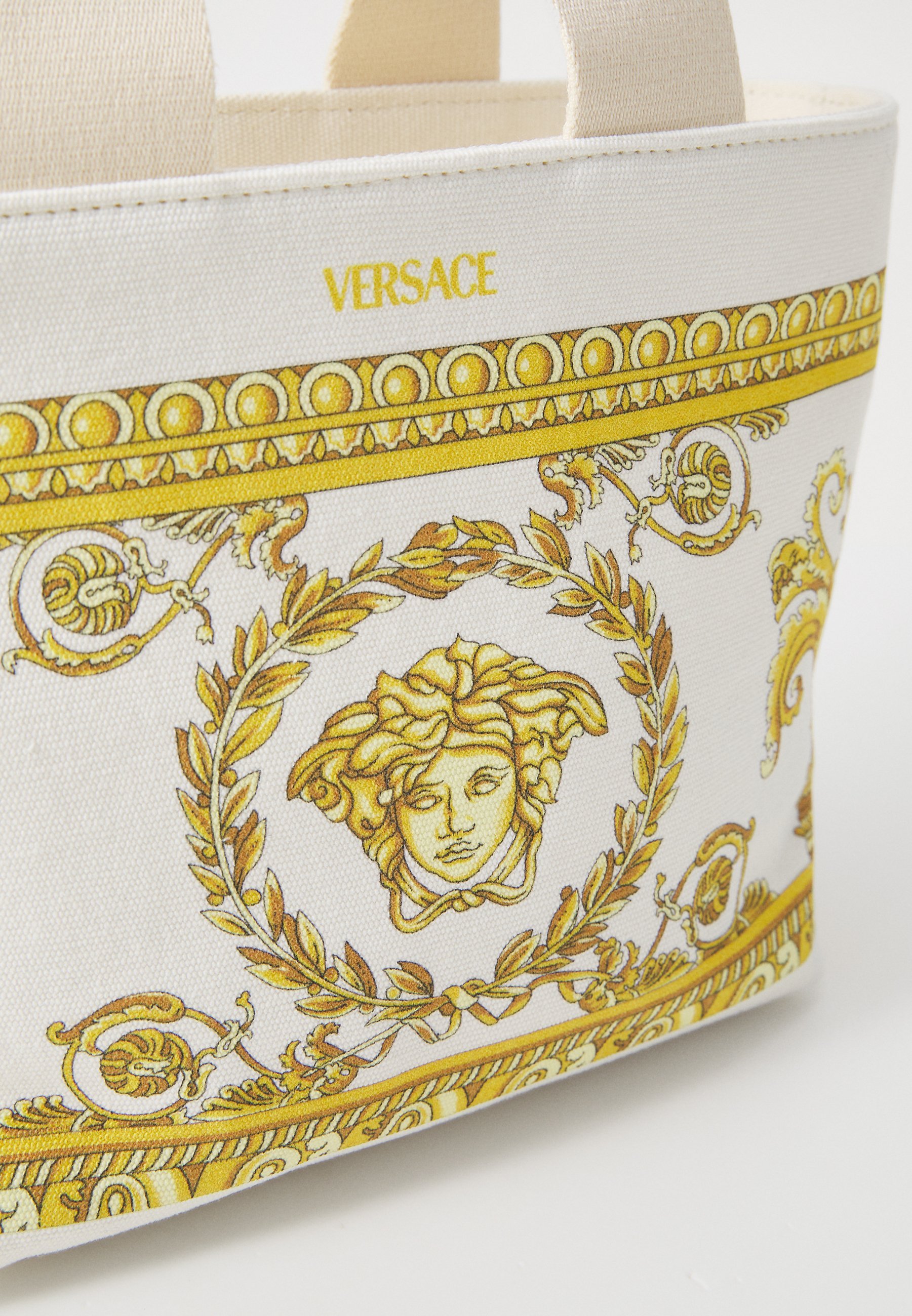 Bolsa Versace TOTE com estampa Medusa em tecido unissex - cor natural/dourada