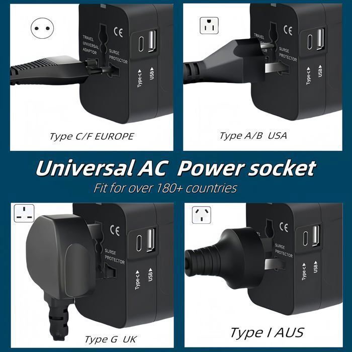 Universal global travel adapter wall charger with USB-C and USB charging ports for USA, EU, UK, and Australia